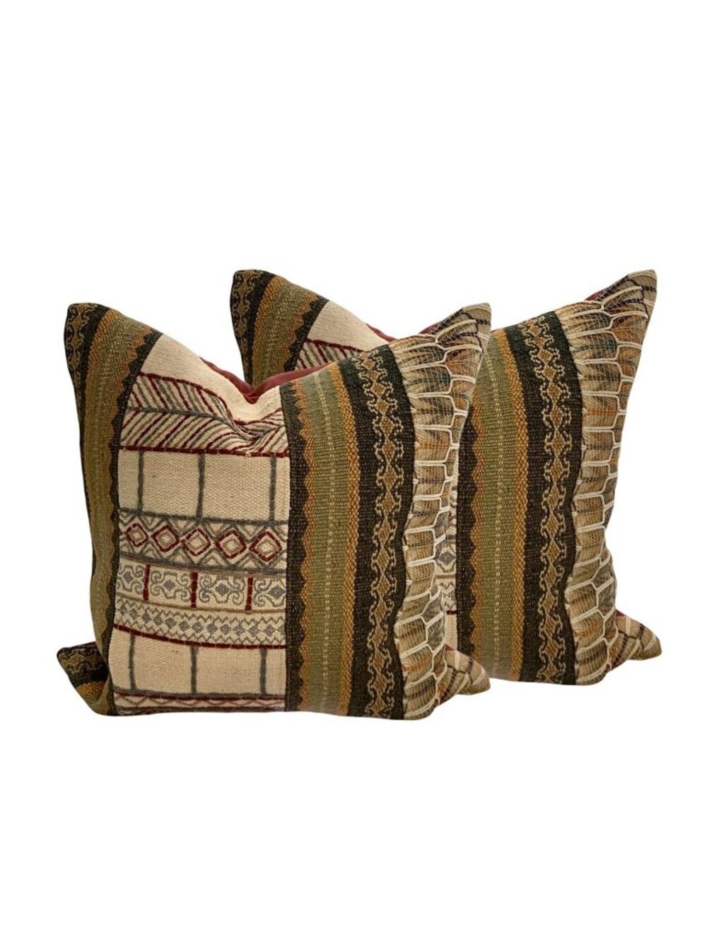 Pillow Pair Turkish Handwoven Patchwork Kilim Feather Filled Vintage Boho Decor